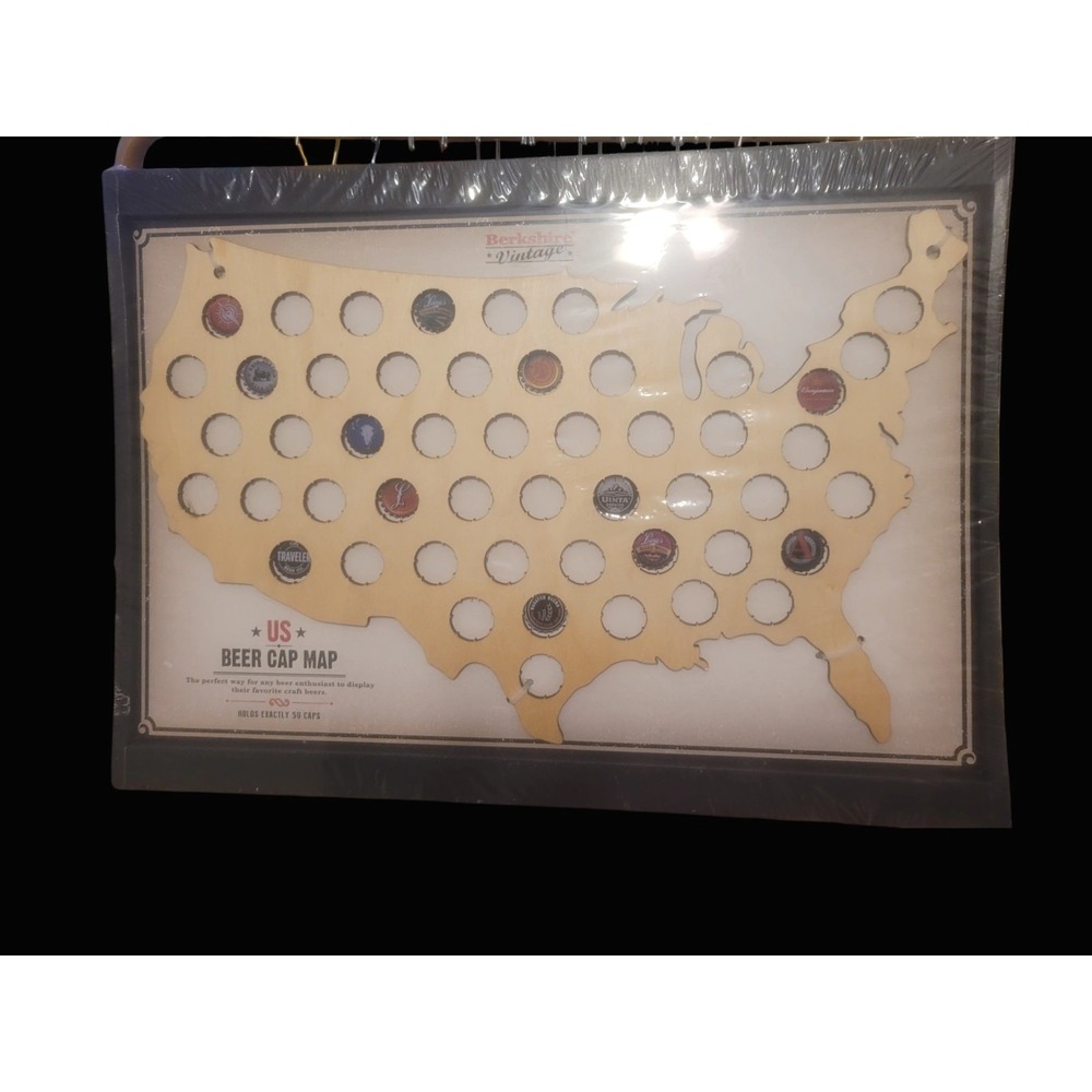 Berkshire Vintage US Beer‎ Cap Map Wooden Wall Art Display Holds 50 Caps 22x14